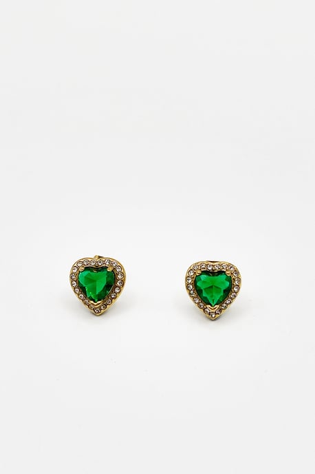 Emerald Green Diamante Heart Earrings in Gold - Gift Boxed - Image 1