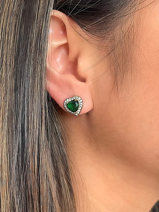 Emerald Green Diamante Heart Earrings in Gold - Gift Boxed - Image 2