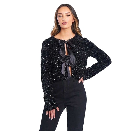 Be You Damesblouse met strik, pailletten en een losse pasvorm, met lange mouwen (Zwart) - Image 2