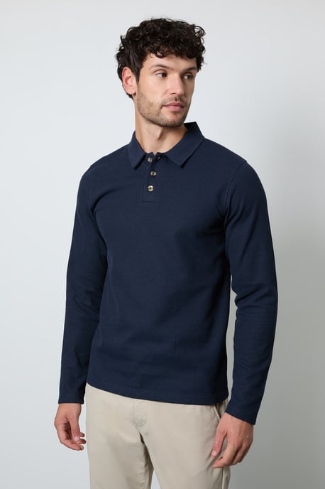 Dark Blue Waffle Long Sleeve Polo Shirt - Image 1