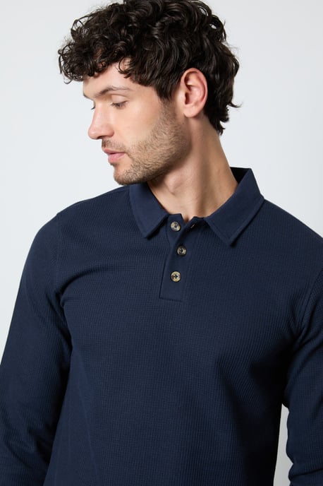 Dark Blue Waffle Long Sleeve Polo Shirt - Image 2