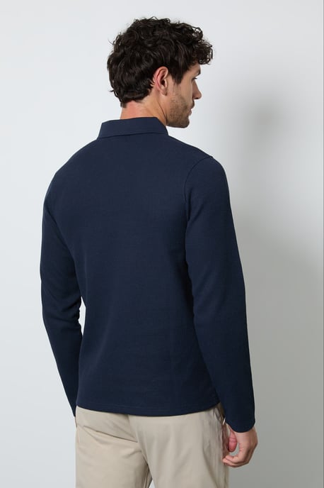 Dark Blue Waffle Long Sleeve Polo Shirt - Image 3