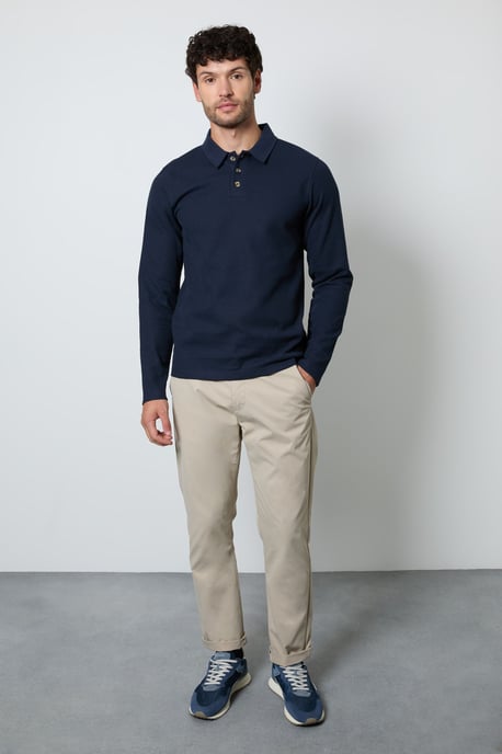 Dark Blue Waffle Long Sleeve Polo Shirt - Image 4