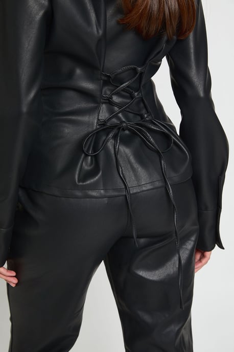 Lace Up Cinched Faux Leather Shirt - Image 2