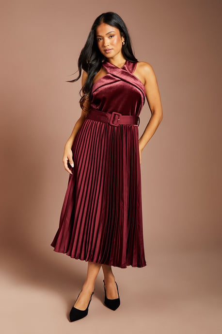 Petite Velvet Cross Neck Pleated Satin Skirt Midi Dress - Image 1