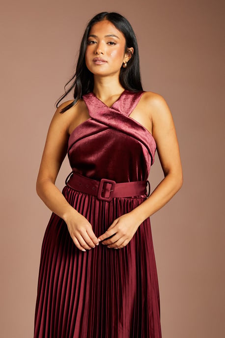 Petite Velvet Cross Neck Pleated Satin Skirt Midi Dress - Image 2