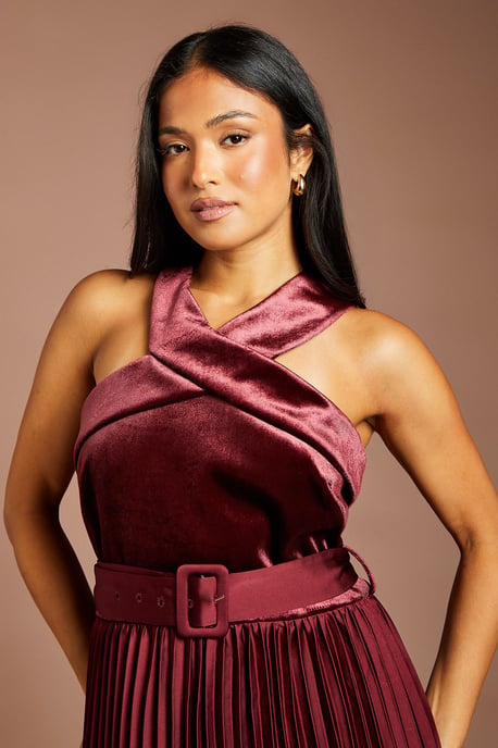 Petite Velvet Cross Neck Pleated Satin Skirt Midi Dress - Image 4
