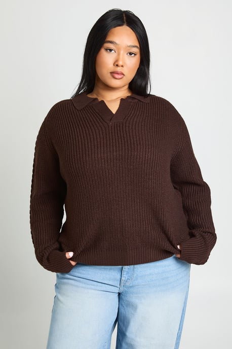 Plus Chunky Knit Collared V Neck Jumper - Image 1