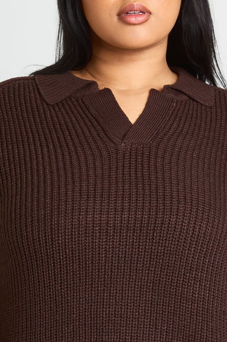 Plus Chunky Knit Collared V Neck Jumper - Image 2