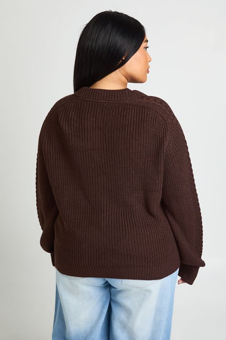 Plus Chunky Knit Collared V Neck Jumper - Image 3
