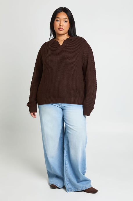 Plus Chunky Knit Collared V Neck Jumper - Image 4