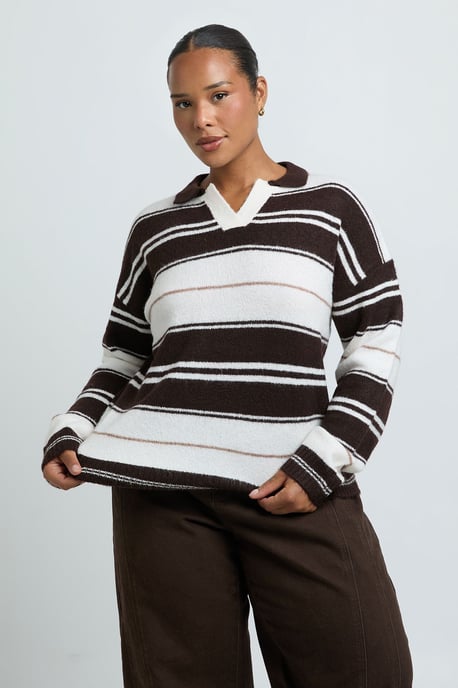 Plus Stripe Collared V Neck Knitted Jumper - Image 1