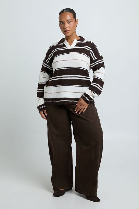 Plus Stripe Collared V Neck Knitted Jumper - Image 2