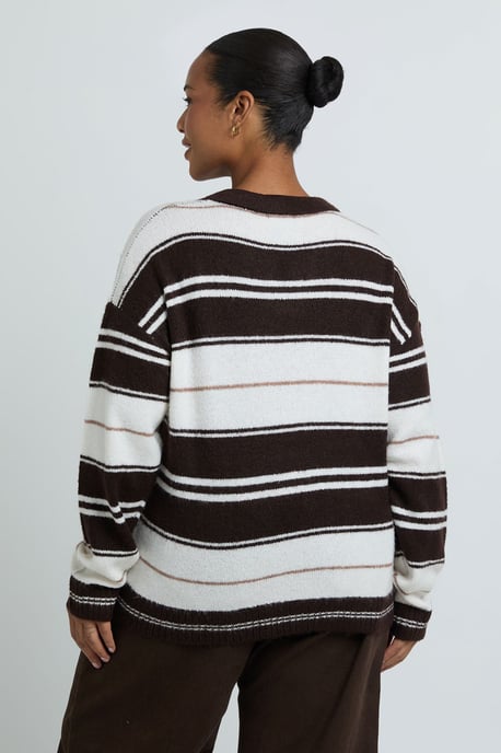 Plus Stripe Collared V Neck Knitted Jumper - Image 3