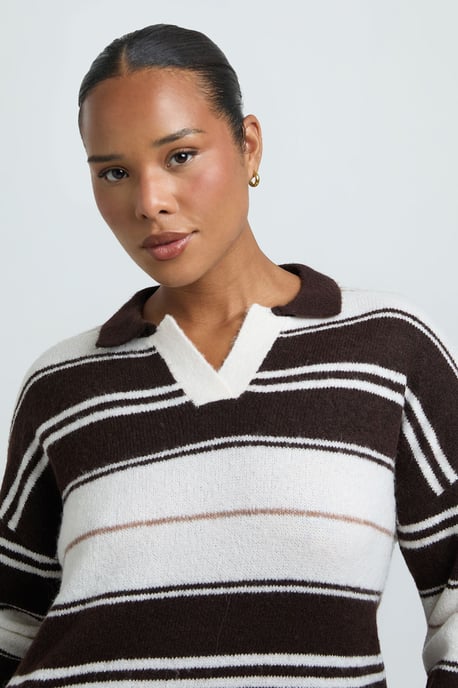 Plus Stripe Collared V Neck Knitted Jumper - Image 4