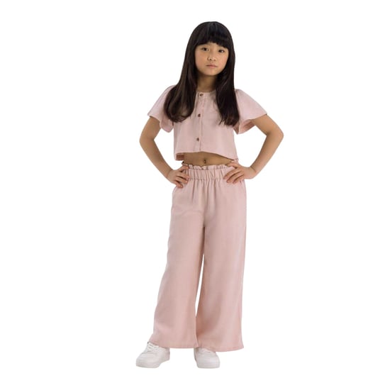 Minoti Effen meisjes met wijde pijpen en geplooide mouwen Top & Bottom Set (Roze) - Image 1