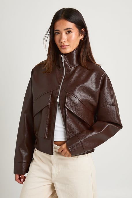 Pebbled Faux Leather Funnel Neck Bomber Jacket - Image 1