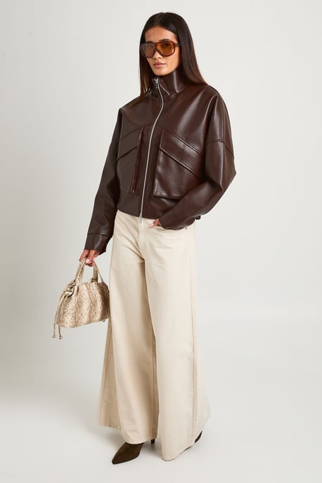 Pebbled Faux Leather Funnel Neck Bomber Jacket - Image 3