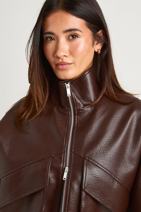 Pebbled Faux Leather Funnel Neck Bomber Jacket - Image 4
