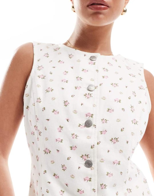 Threadbare co-ord denim waistcoat in white with pink ditsy print - Image 1