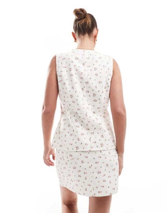 Threadbare co-ord denim waistcoat in white with pink ditsy print - Image 2