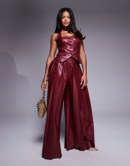 ASOS LUXE PU waist coat co-ord in dark cherry - Image 1