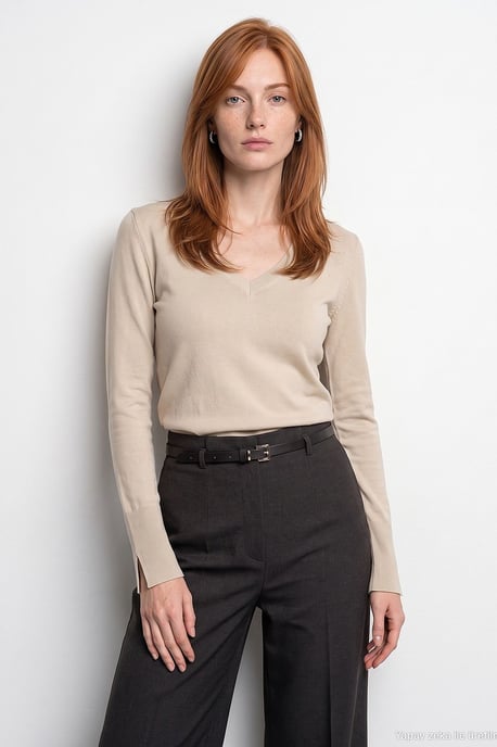 Women's V-Neck Knit Sweater With Side Slit - Image 1