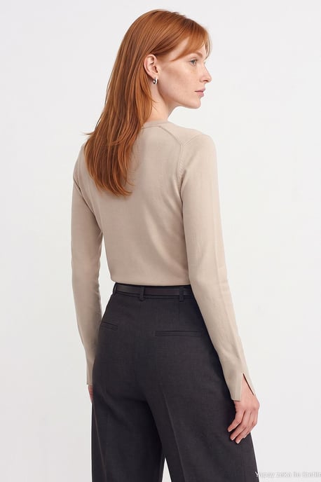 Women's V-Neck Knit Sweater With Side Slit - Image 2