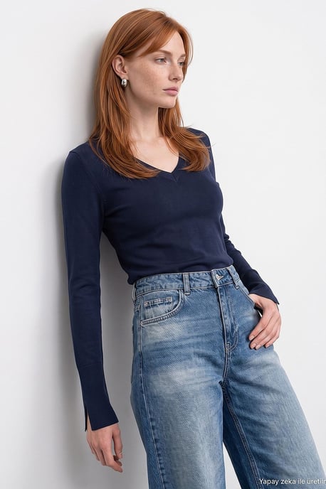 Women's V-Neck Knit Sweater With Side Slit - Image 3