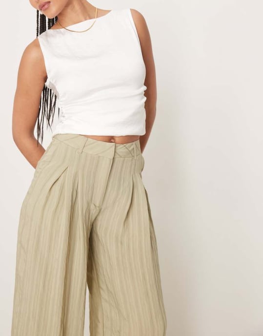 ASOS DESIGN Tall wide leg trousers in in green tonal stripe - Image 1