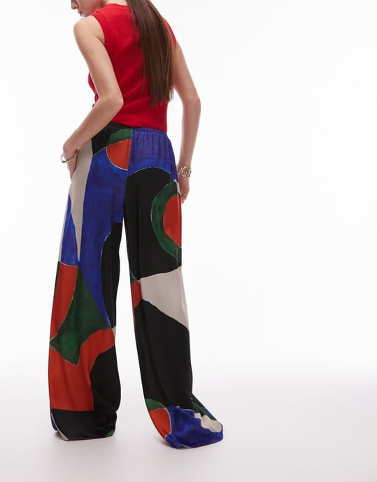 Topshop satin tie waist wide leg trouser geo print in orange and blue - Image 1