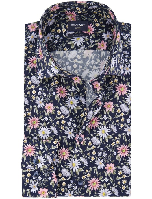 Olymp overhemd donkerblauw bloemen strijkvrij katoen - Image 1
