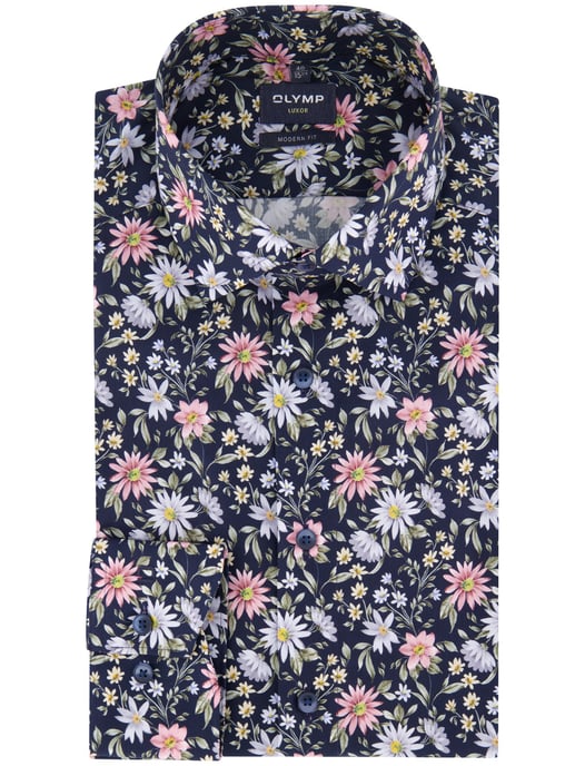 Olymp overhemd donkerblauw bloemen strijkvrij katoen - Image 2