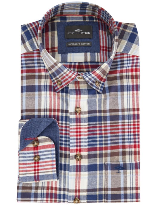 Fynch-Hatton overhemd ml 5 blauw rood geruit flanel - Image 2