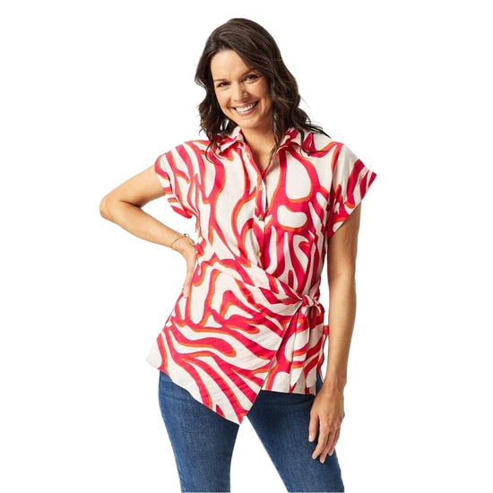 Biba Dames-shirt met gedraaide tailleband en korte mouwen (Rood, Wit) - Image 1