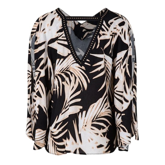Biba Damesblouse met bladmotief, V-hals en losse pasvorm (Veelkleurig) - Image 2