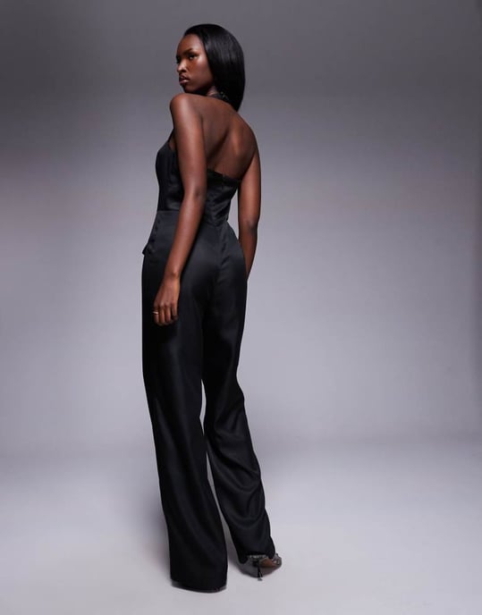 Kaiia exclusive square halterneck wide leg pocket detail jumpsuit in black - Image 1