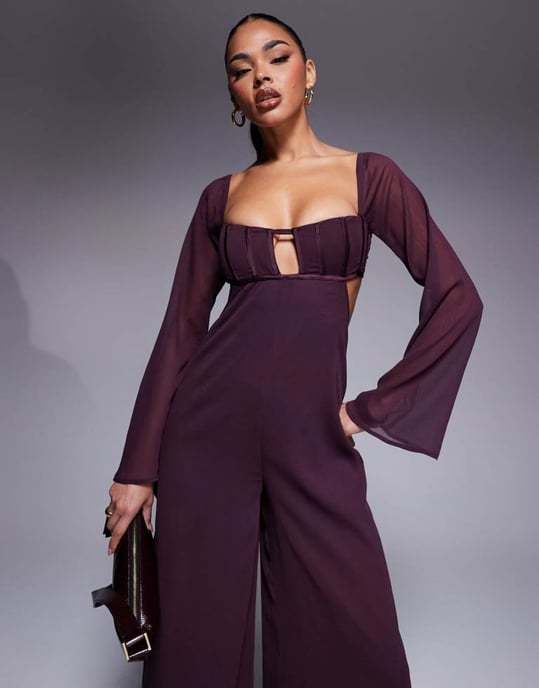 ASOS DESIGN satin corset bust wide leg jumpsuit with cut out in berry - Image 1