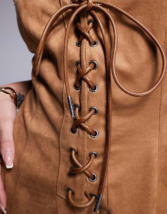 ASOS DESIGN suedette lace up playsuit with stud detail in tan - Image 2