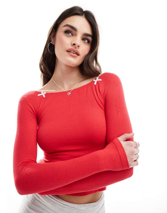 Cotton On lounge boat neck sleep top in red with bows - Image 2
