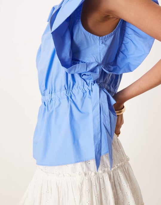 YAS ruffle sleeve tie waist detail poplin top in provence blue - Image 2