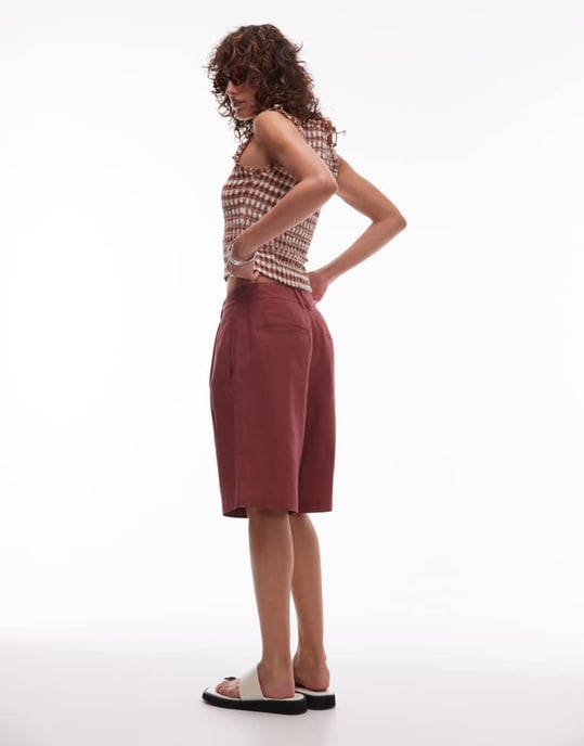 Topshop linen longline short in burgundy - Image 1