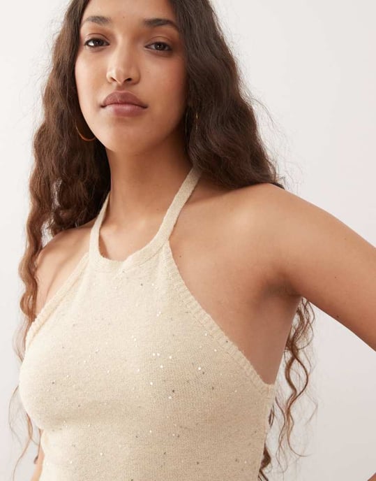 Motel yakanta sequin detail knitted mini halter dress in gold - Image 2