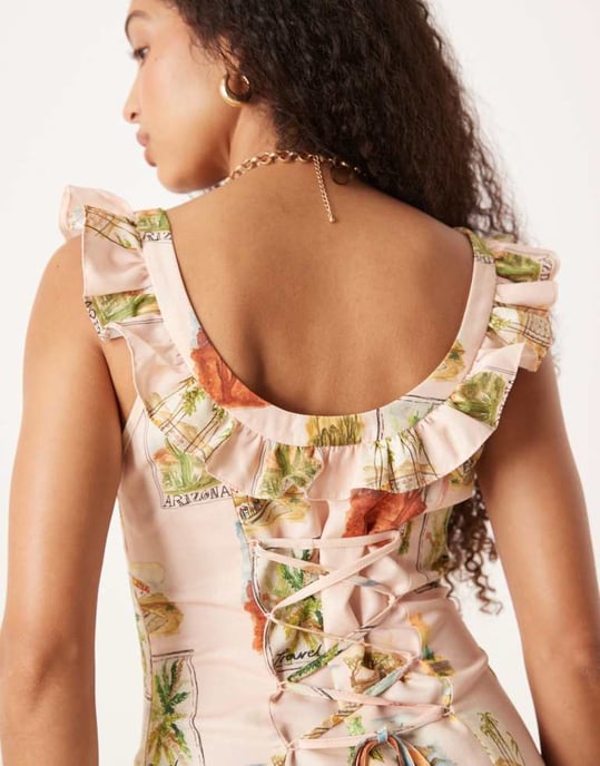 ASOS DESIGN square neck frill detail mini dress in aussie print - Image 2