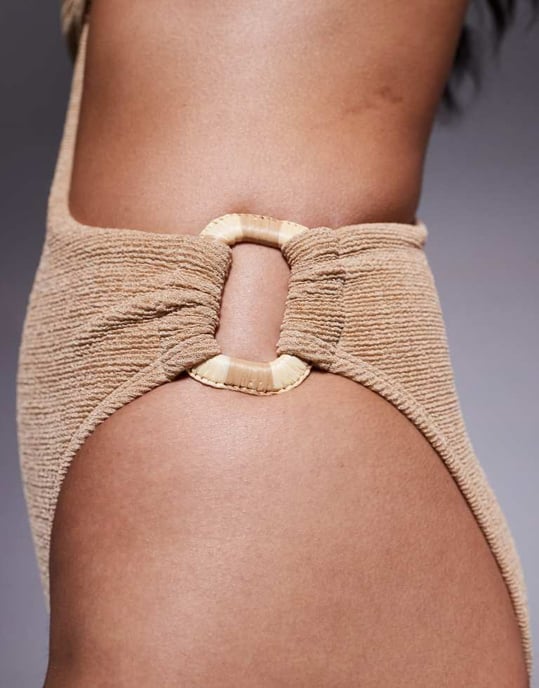 ASOS DESIGN Eloise textured cut out swimsuit with raffia trim in beige - Image 2