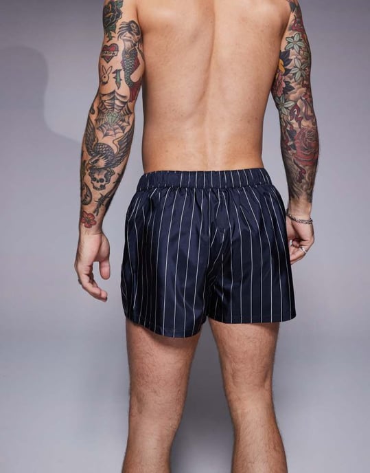 ASOS DESIGN swim short in super short length in navy and white pin stripe - Image 1