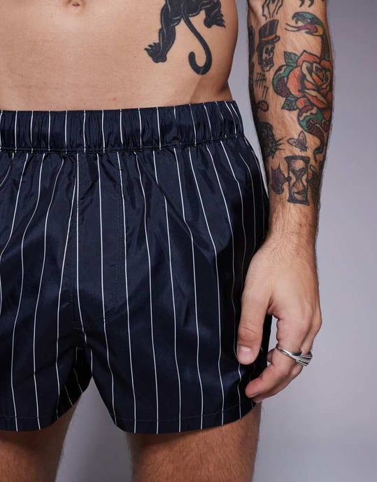 ASOS DESIGN swim short in super short length in navy and white pin stripe - Image 2
