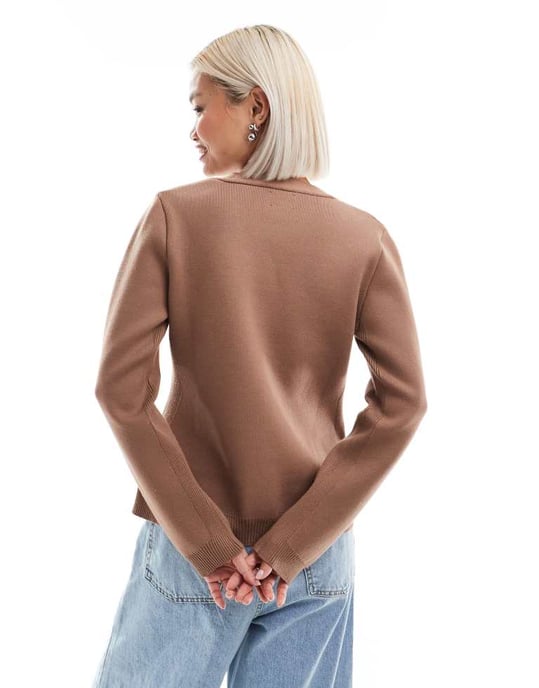 ASOS DESIGN knitted structured v neck cardigan with seam detail in mocha - Image 2