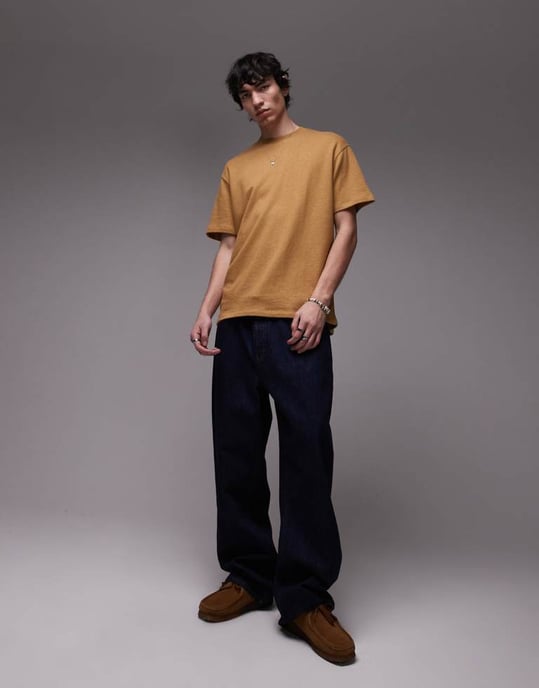 Topman avslappnad passform t-shirt med linneblandning i senap - Image 2