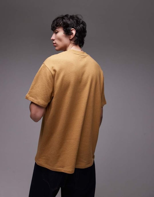 Topman avslappnad passform t-shirt med linneblandning i senap - Image 3